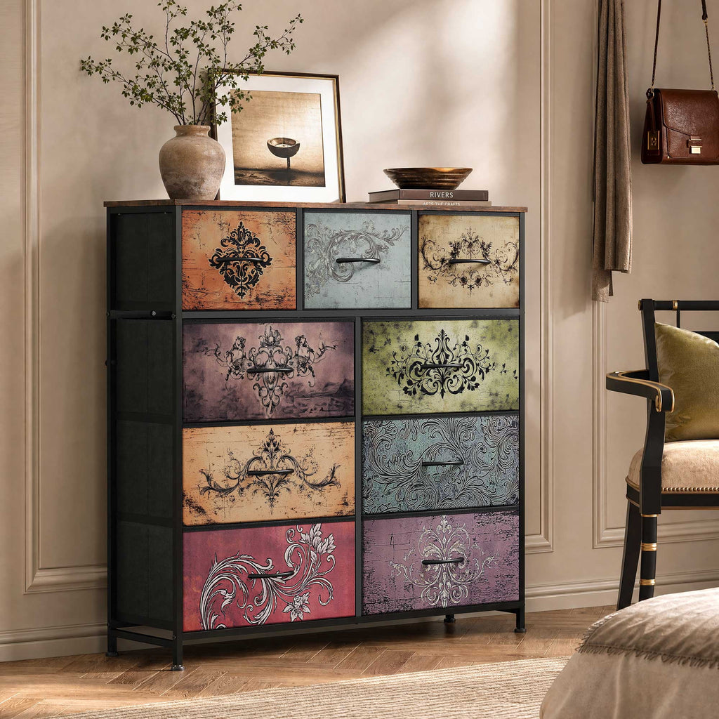 GALAXHERO 9-Drawer Fabric Dresser, Tall Storage Tower for Bedroom, Hallway, Entryway, Closet, Chest Organizer Unit with Fabric Bins, Steel Frame, Wood Top, Wood Grain Print