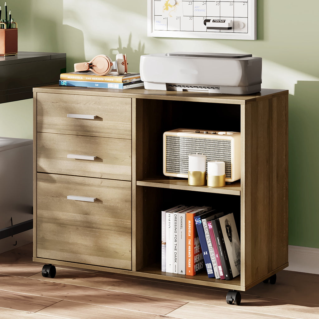 GALAXHERO 3-Drawer Wood File Cabinet, Mobile Lateral Filing Cabinet with Printer Stand and Open Shelves for Home Office