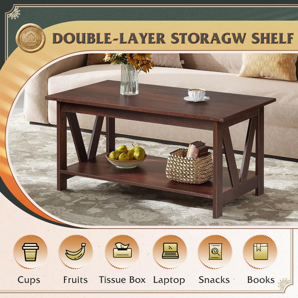 GALAXHERO 39.4" Coffee Table with Storage Shelf Farmhouse Coffee Table with V-Frame Support 2-Tier Wood Rustic Center Table for Living Room, Bedroom & Balcony