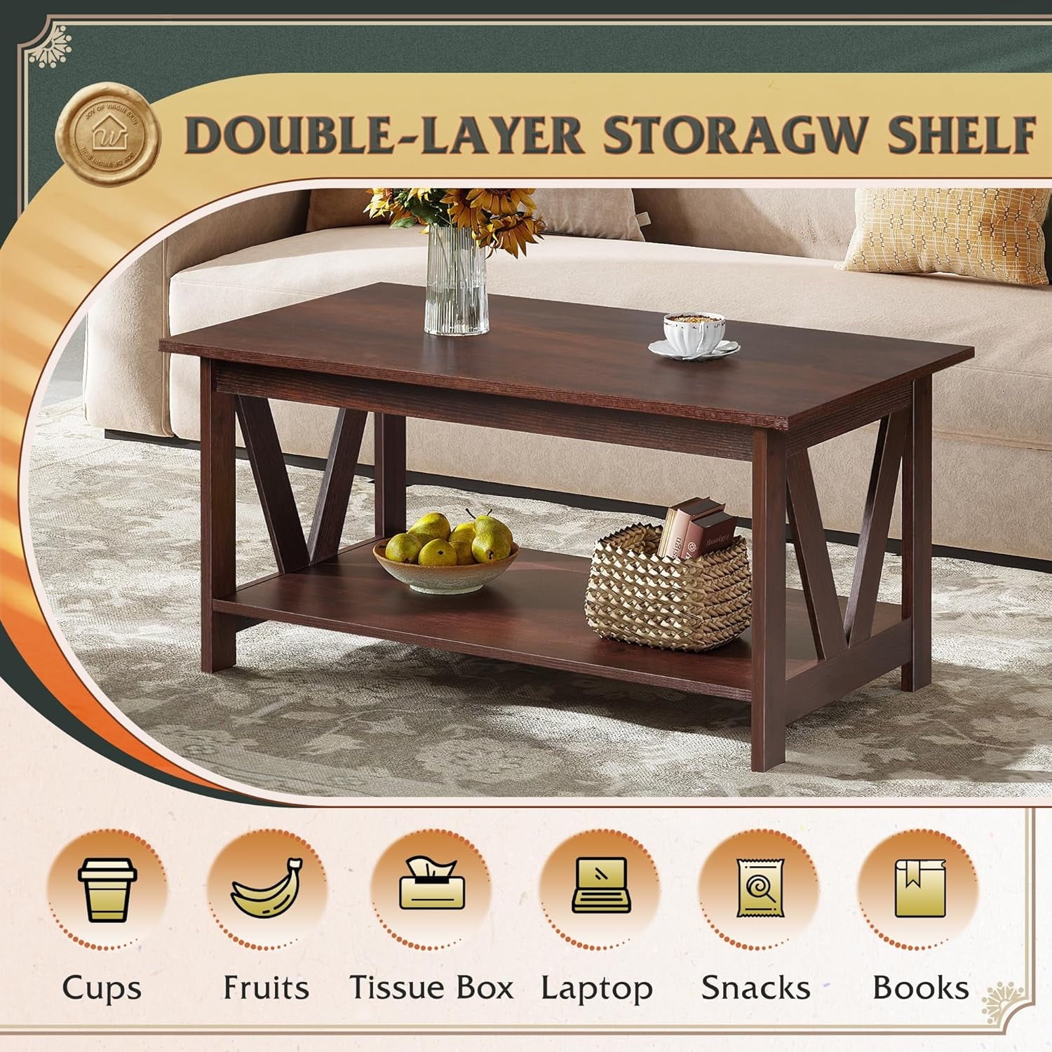 GALAXHERO 39.4" Coffee Table with Storage Shelf Farmhouse Coffee Table with V-Frame Support 2-Tier Wood Rustic Center Table for Living Room, Bedroom & Balcony