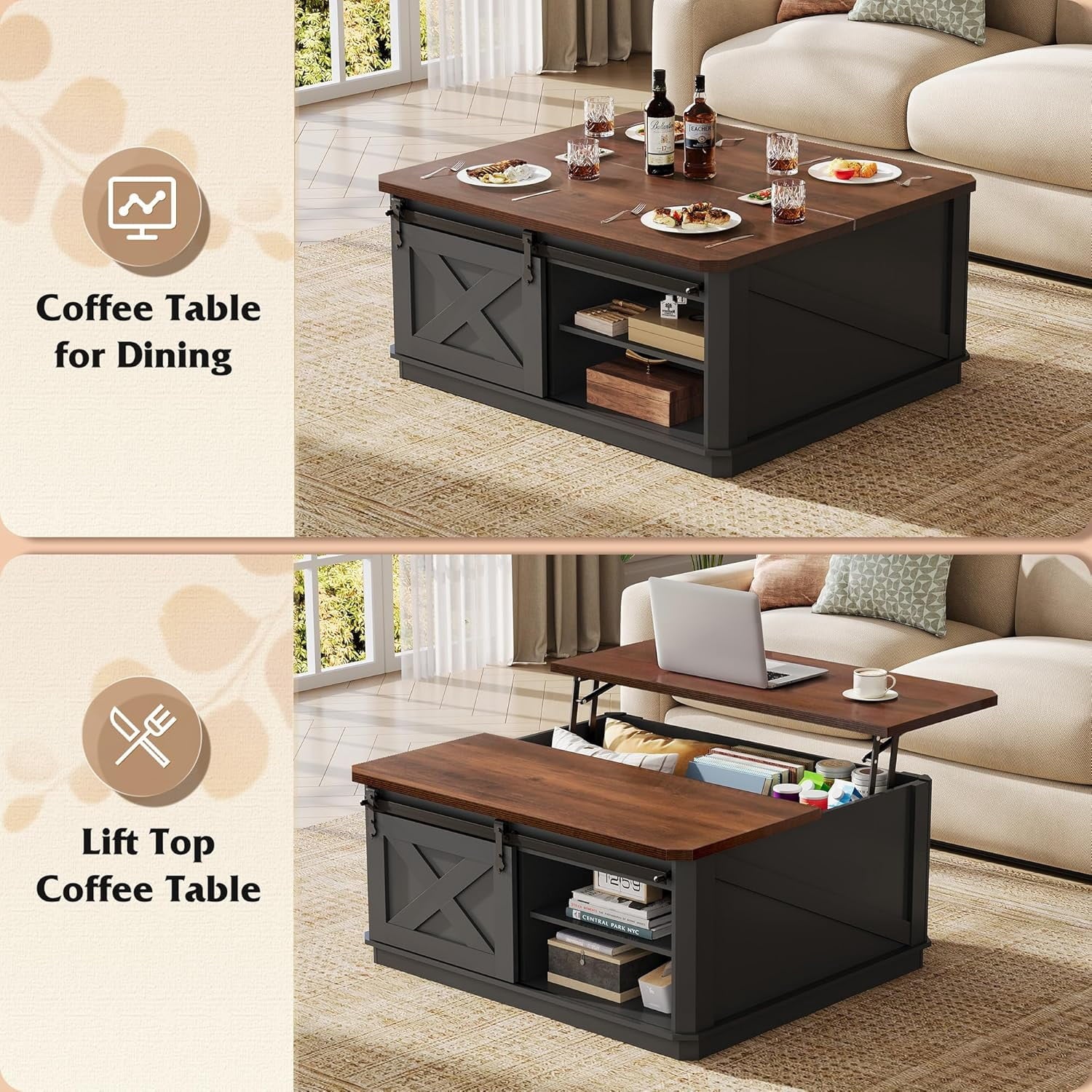 GALAXHERO Lift Top Coffee Table for Living Room 35.5" Framhouse Coffee Table with Storage, Square Center Table Rustic Cocktail Table with Sliding Barn Doors, Curevd Base