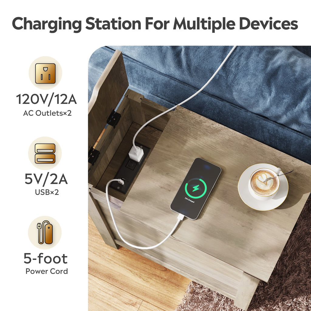 GALAXHERO End Table with Charging Station, Small Side Table with Lift Top, Narrow Nightstand with Charging Station & Storage Cabinet for Living Room & Bedroom