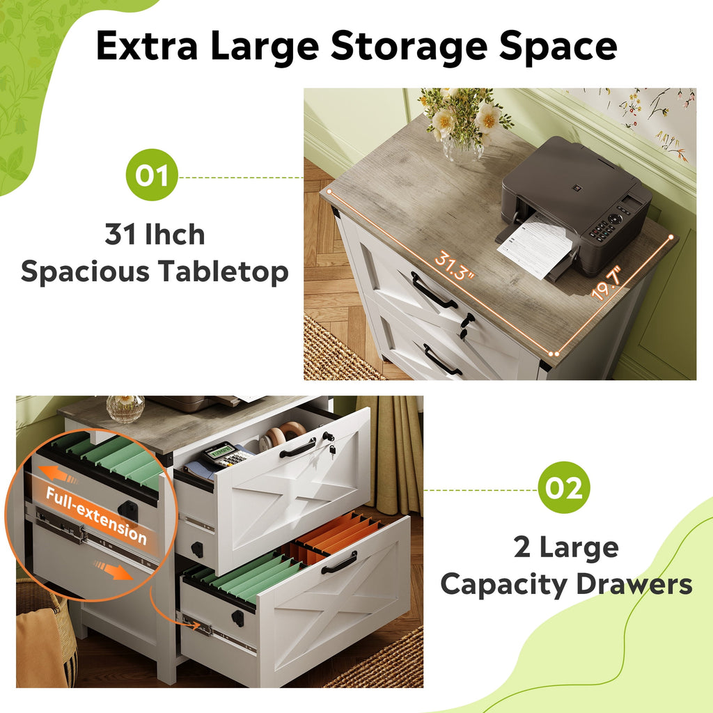 GALAXHERO 2 Drawer Lateral File Cabinet with Lock, Farmhouse Wood Filing Cabinet for Home Office, Fits Letter/Legal/A4, Printer Stand