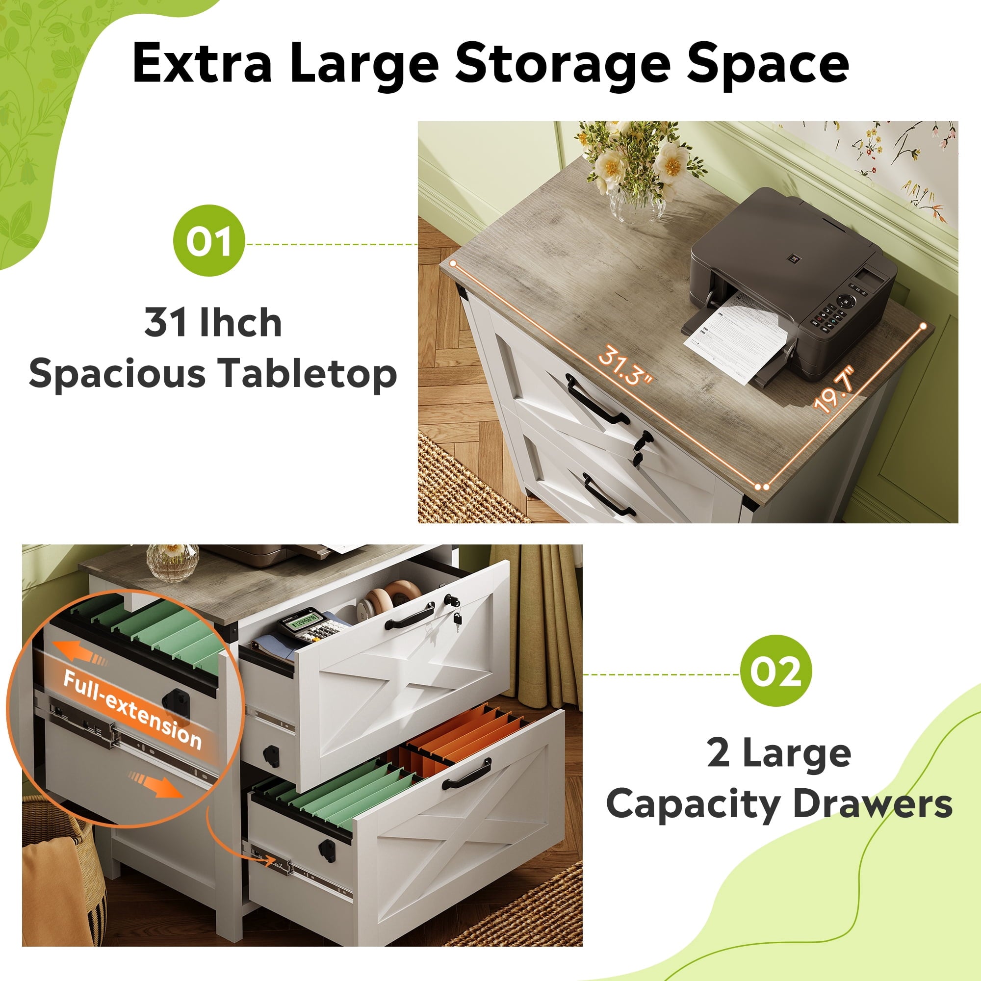 GALAXHERO 2 Drawer Lateral File Cabinet with Lock, Farmhouse Wood Filing Cabinet for Home Office, Fits Letter/Legal/A4, Printer Stand