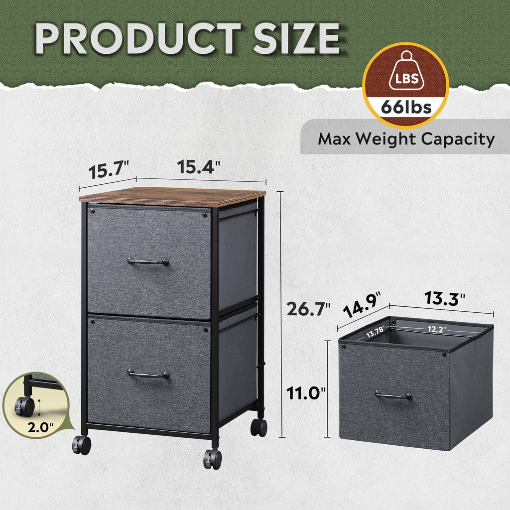 GALAXHERO 2 Drawer File Cabinet, Rolling Printer Stand Filing Cabinets for Home Office, Fabric Vertical File Cabinet Fits A4 or Letter Size, Wood Grain Print