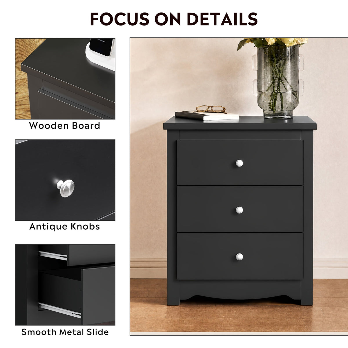 GALAXHERO Nightstand with Charging Station, 3-Drawer Tall Wood Bedside Table & End Table for Bedroom Living Room Dorm