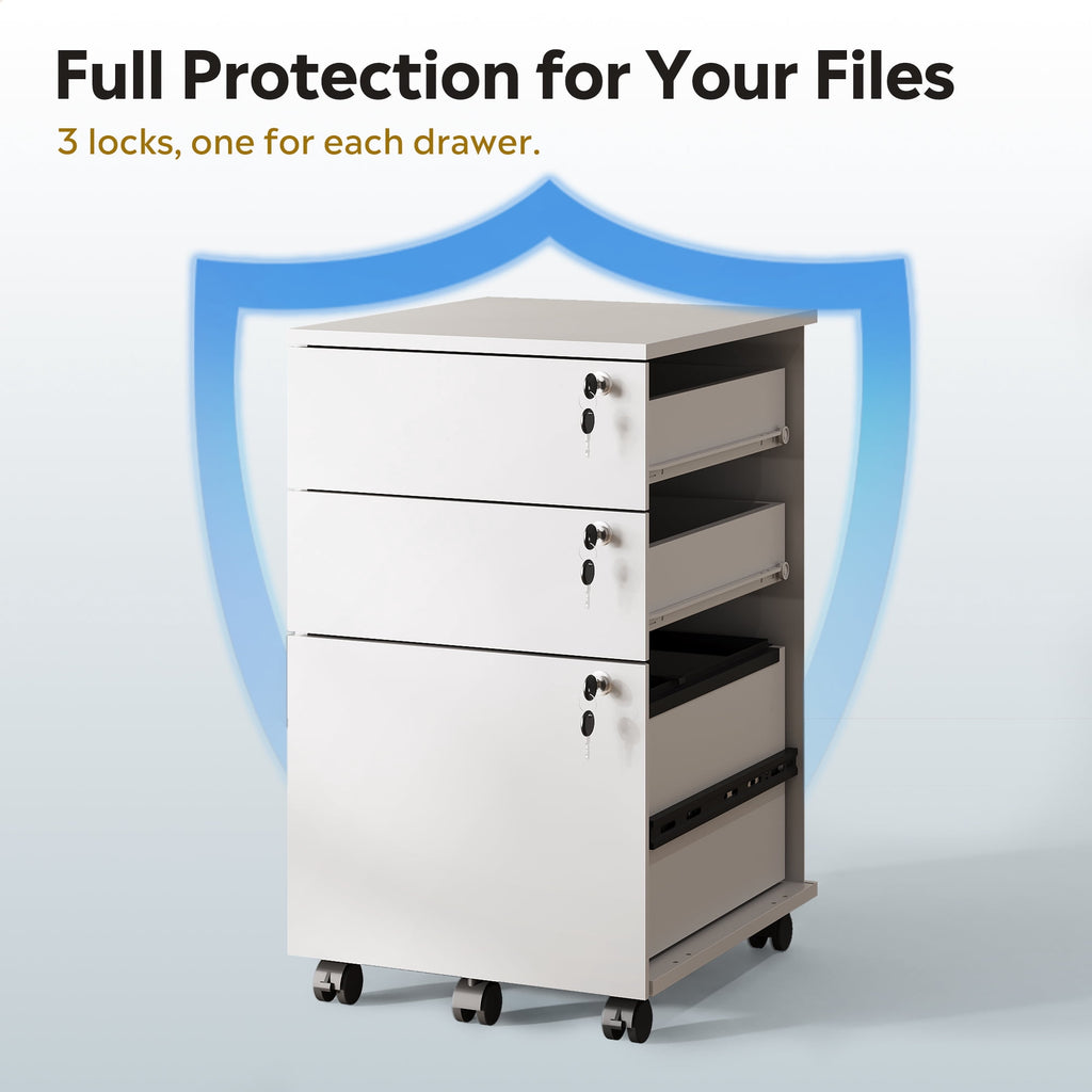 GALAXHERO 3 Drawers Storage Cabinet with Lock, Rolling Wood File Cabinet, Vertical Filing Cabinet for Home Office, Fits Letter/A4