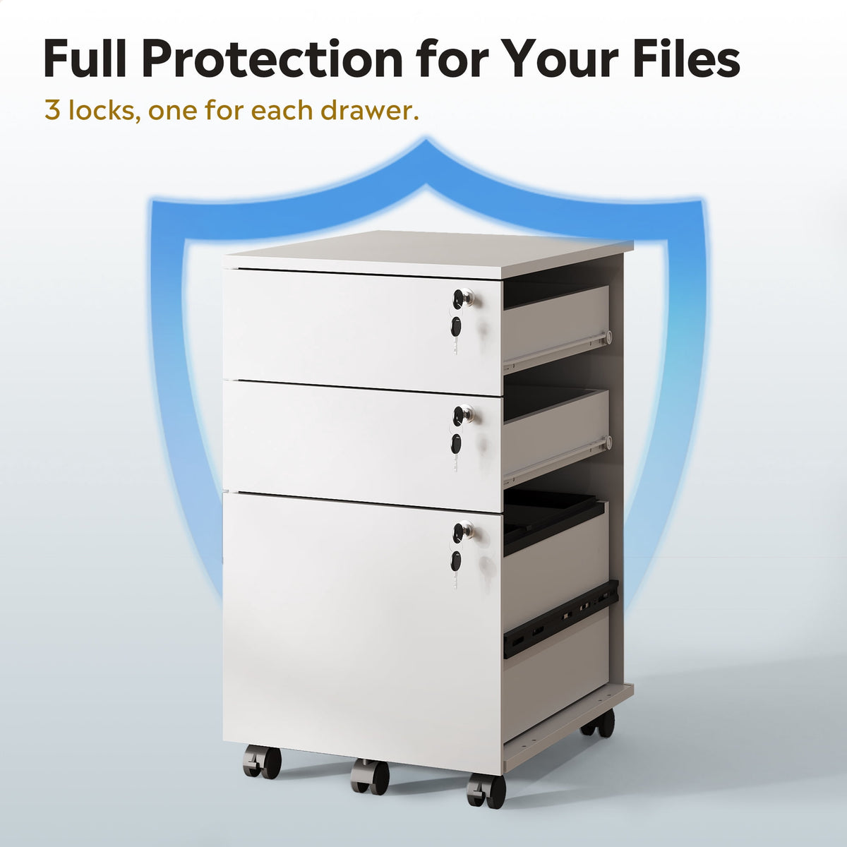 GALAXHERO 3 Drawers Storage Cabinet with Lock, Rolling Wood File Cabinet, Vertical Filing Cabinet for Home Office, Fits Letter/A4