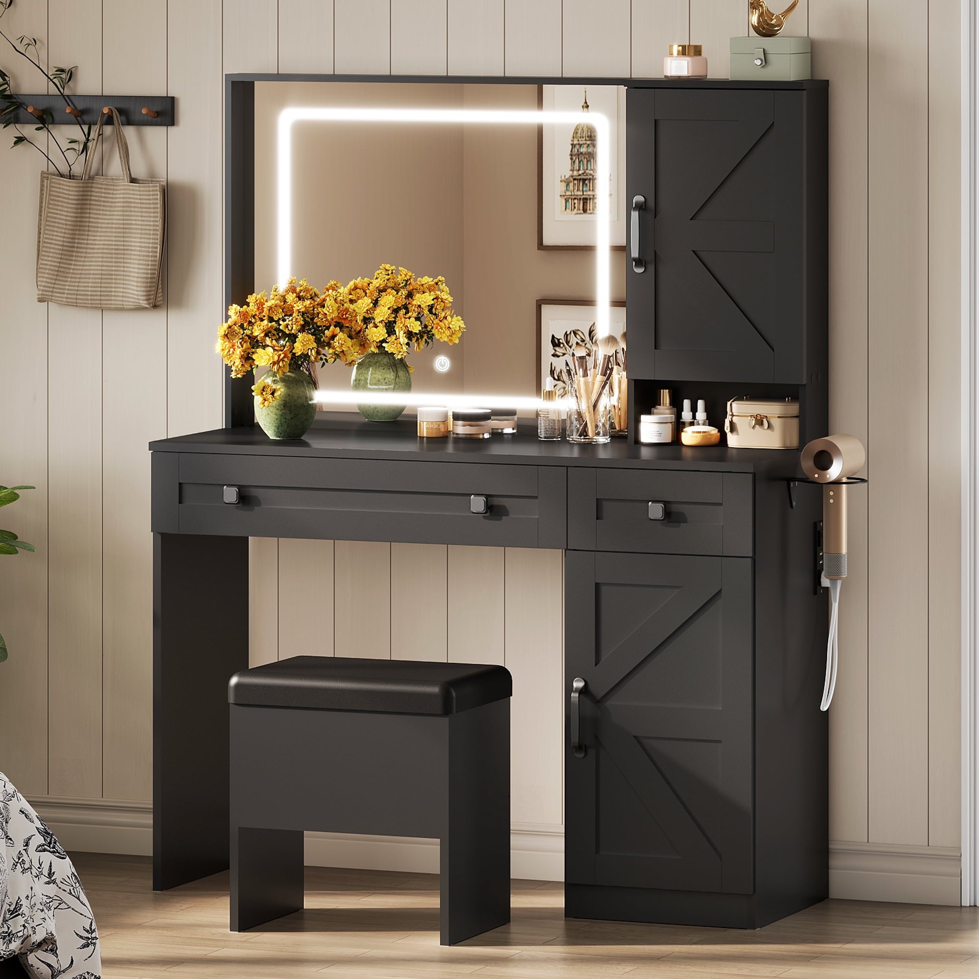 GALAXHERO Farmhouse Vanity Desk, Makeup Table Set with Mirror and Lights, Dressing Table with 2 Drawers and 2 Cabinets, Hair Dryer Holder for Bedroom