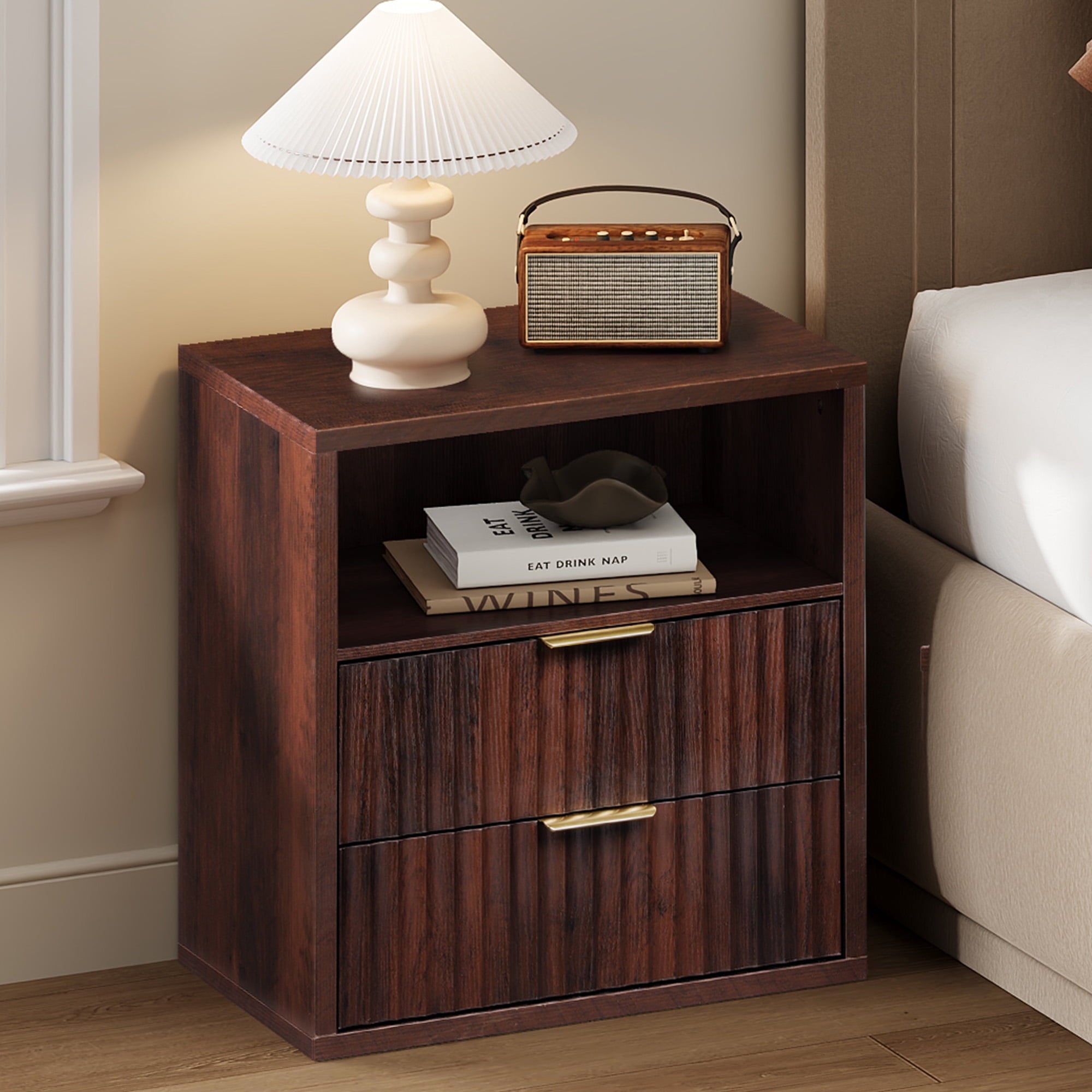 GALAXHERO 2 Drawer Nightstands Set of 2, Wood Fluted End Table with Open Shelf, Mid Century Modern Bedside Tables for Bedroom, Living Room