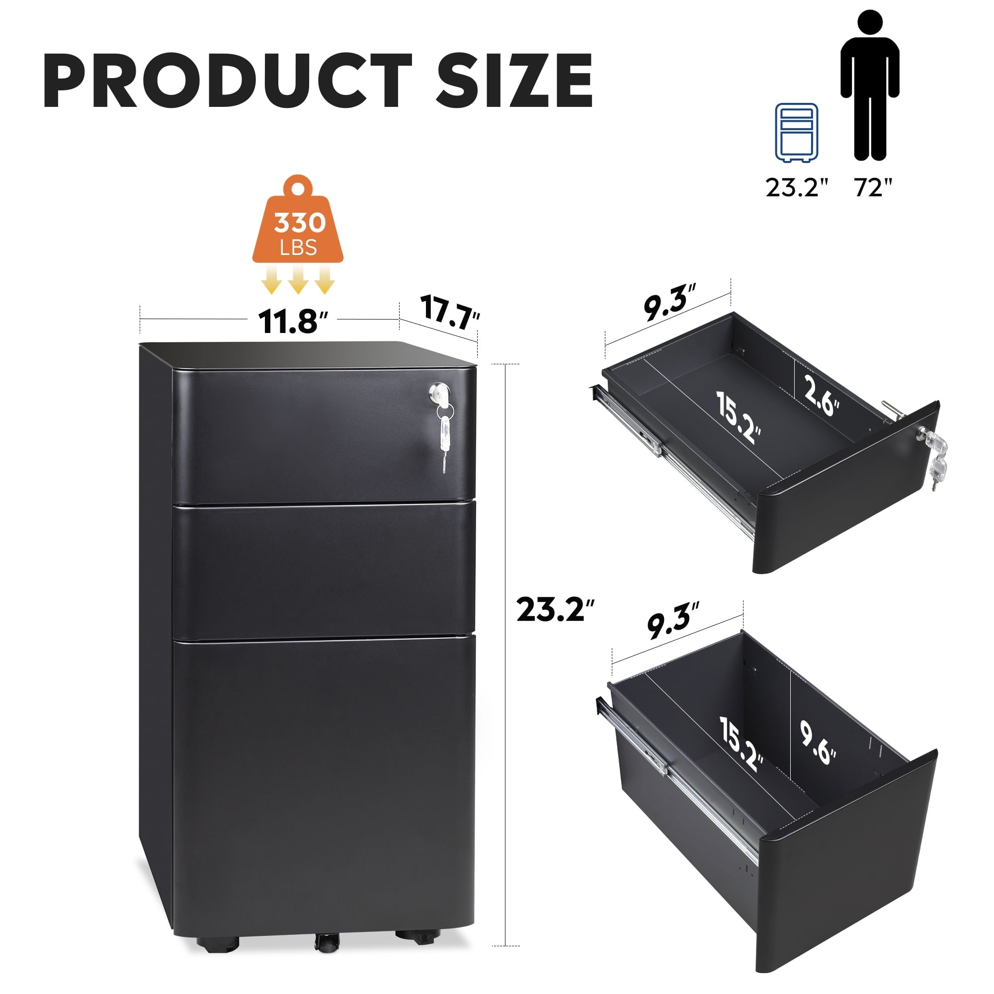 GALAXHERO 3 Drawer Metal File Cabinet with Lock, Vertical Rolling Filing Cabinet for Home Office, Fits A4/Letter/Legal