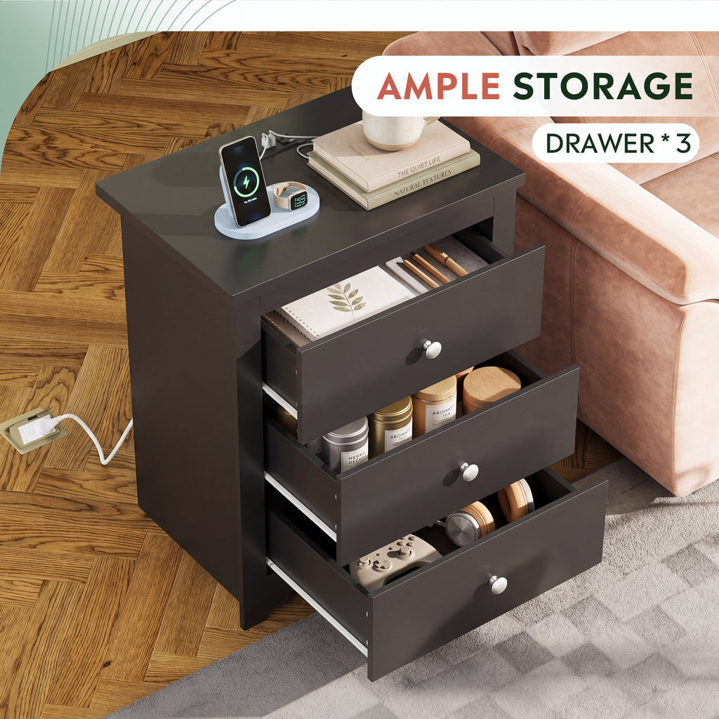 GALAXHERO Tall Nightstand with Charging Station, Nightstand with 3 Drawers, Wood Bedside Table for Bedroom, End Side Table for Living room and Dorm