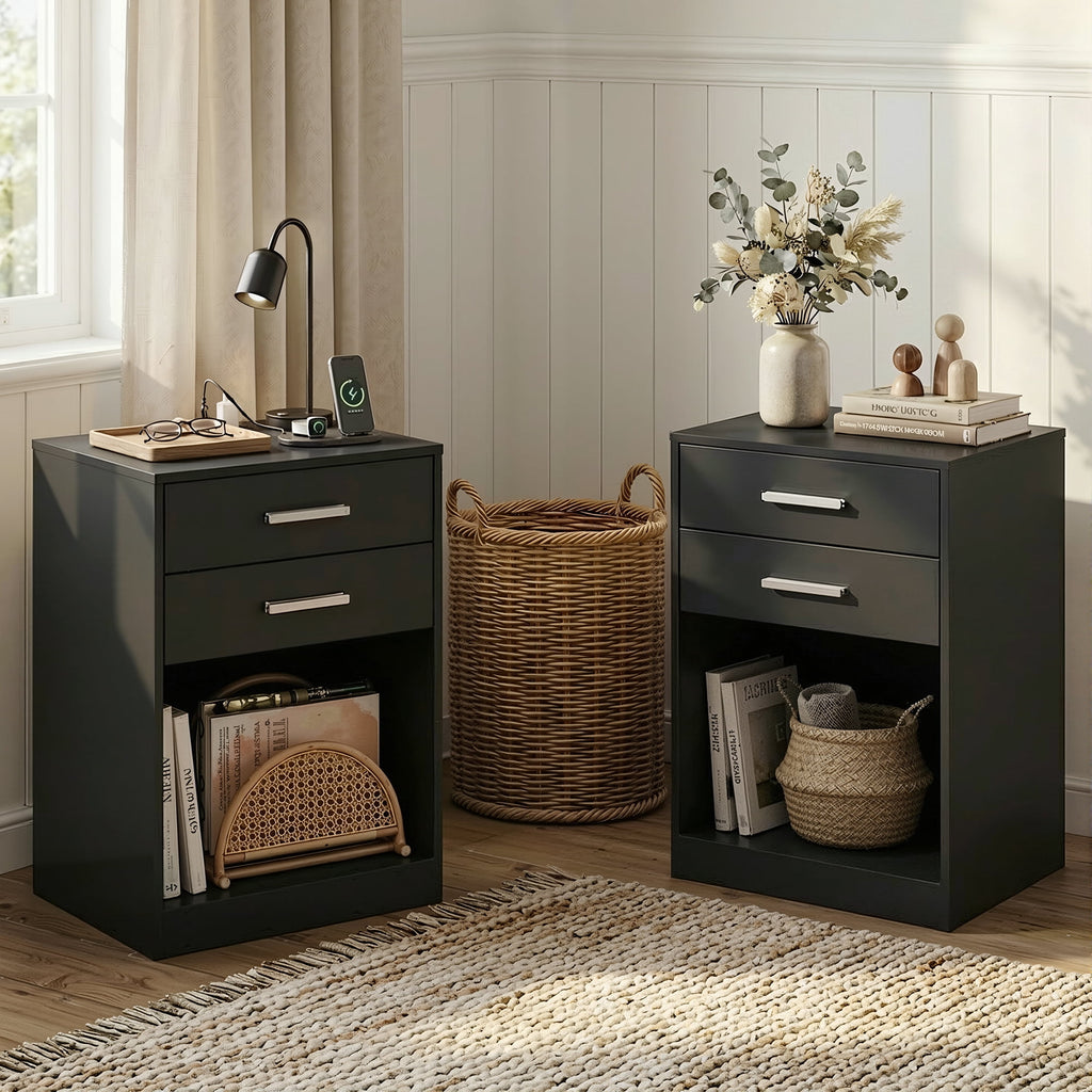 GALAXHERO Nightstand Set of 2 with Charging Station and 2 Drawers, Wood Bedside Table End Table with Open Shelf for Bedroom, Living Room