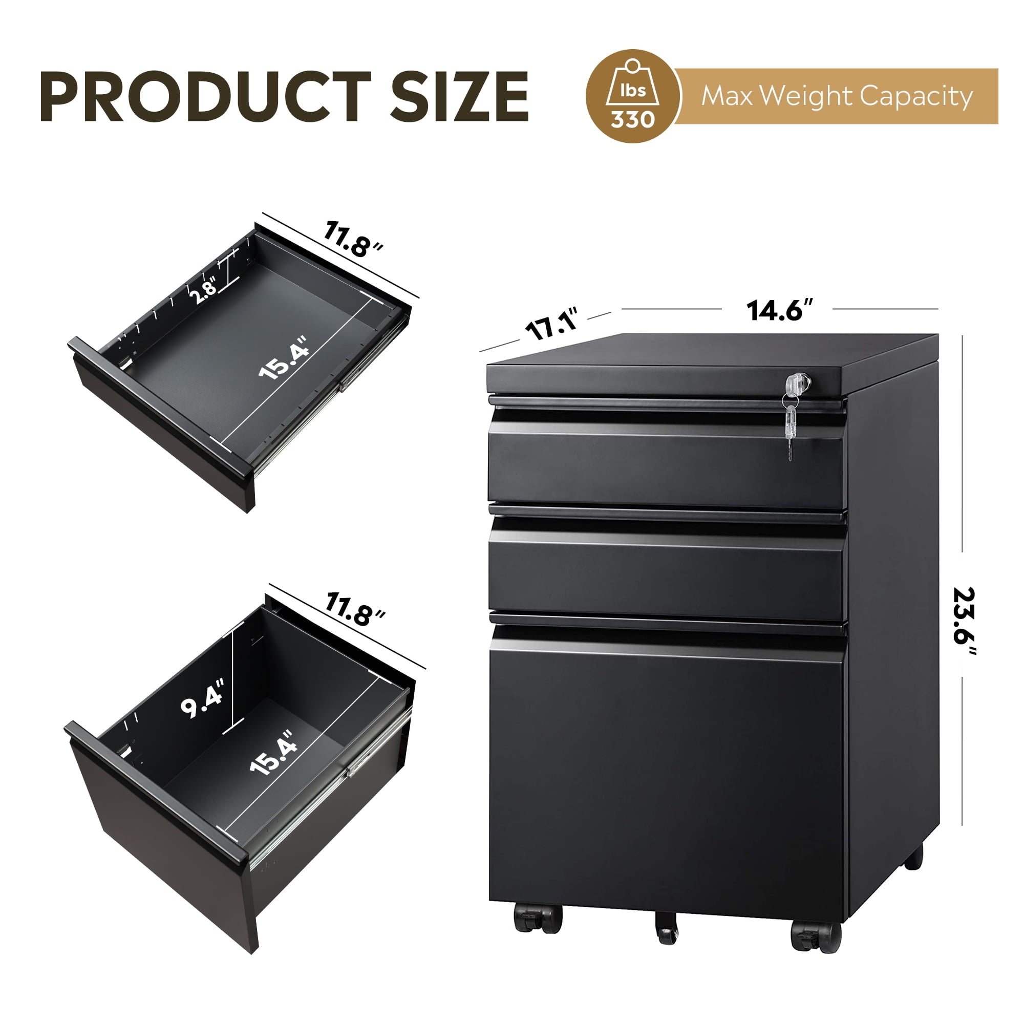 GALAXHERO 3 Drawer Metal File Cabinet with Lock(No Assembly), Mobile Printer Cabinet & Small Under Desk Filing Cabinet for Home Office, Fits Legal/Letter/A4