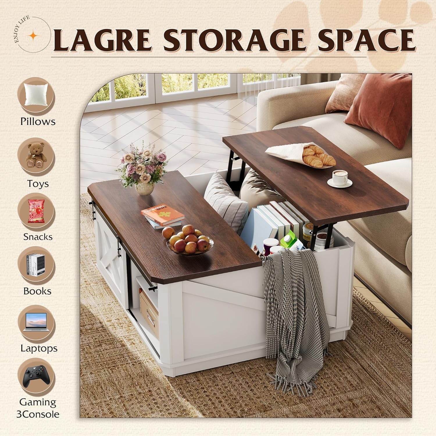 GALAXHERO Lift Top Coffee Table for Living Room 35.5" Framhouse Coffee Table with Storage, Square Center Table Rustic Cocktail Table with Sliding Barn Doors, Curevd Base