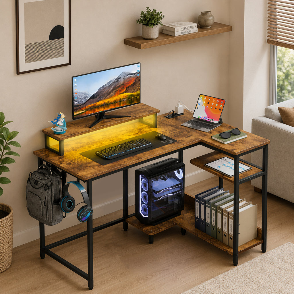 GALAXHERO 43 Inch L Shaped Gaming Desk with LED Lights & Power Outlets, Corner Computer Desk with Storage for Small Spaces, Sturdy PC Table for Home Office, Rustic Brown