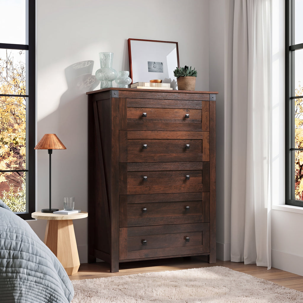GALAXHERO Farmhouse 5 Drawer Dresser, Tall Dresser with Double Rustic Handles, Wood Chest of Drawers for Bedroom, Living Room, Hallway