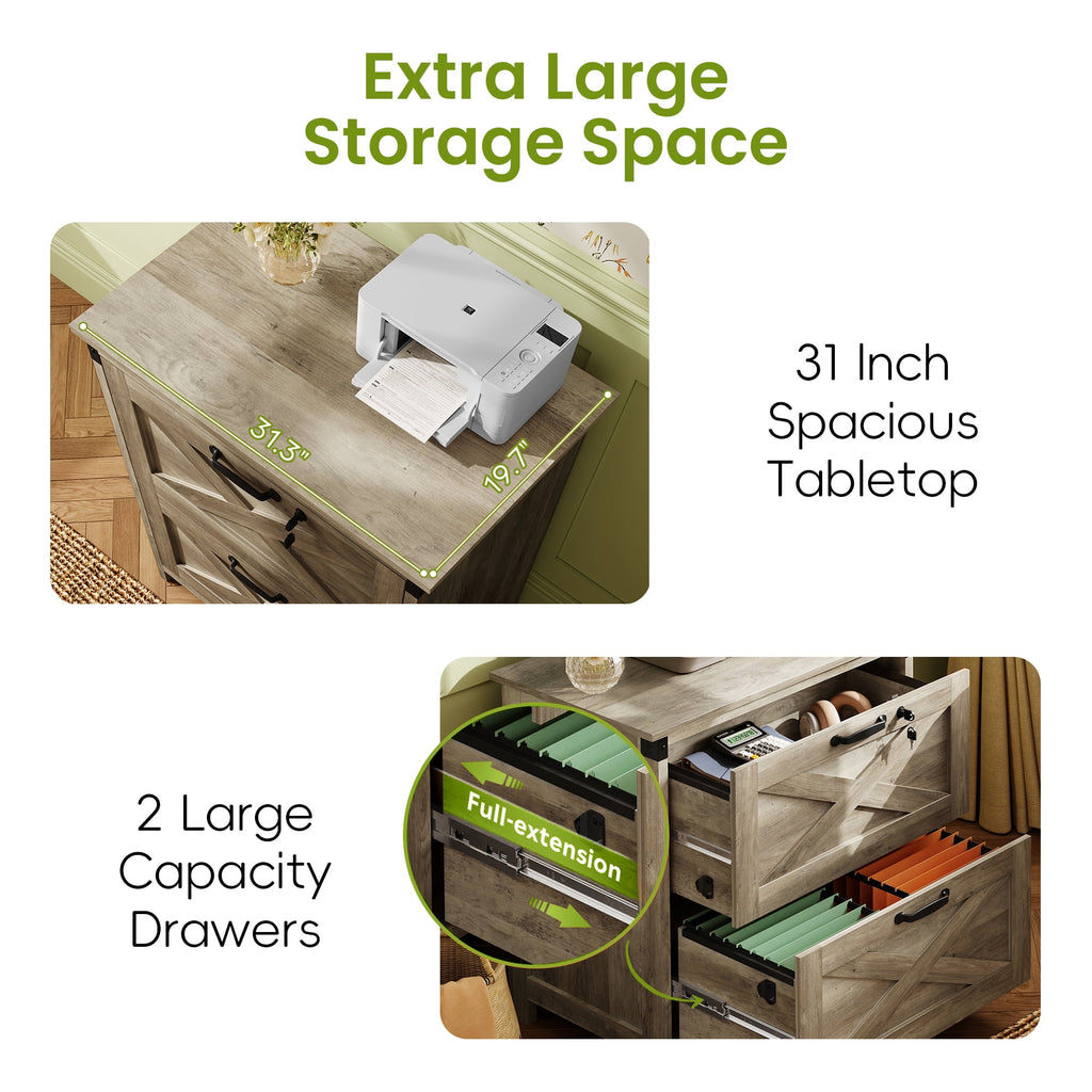 GALAXHERO 2 Drawer Lateral File Cabinet with Lock, Farmhouse Wood Filing Cabinet for Home Office, Fits Letter/Legal/A4, Printer Stand
