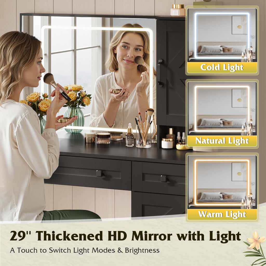 GALAXHERO Farmhouse Vanity Desk, Makeup Table Set with Mirror and Lights, Dressing Table with 2 Drawers and 2 Cabinets, Hair Dryer Holder for Bedroom