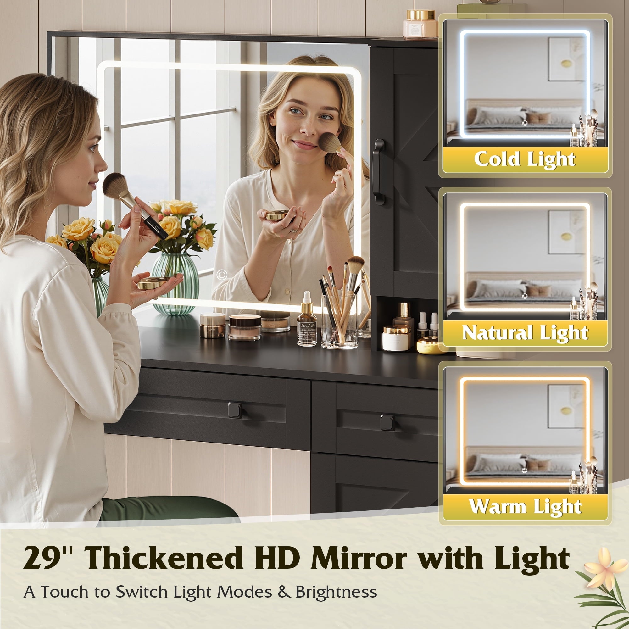 GALAXHERO Farmhouse Vanity Desk, Makeup Table Set with Mirror and Lights, Dressing Table with 2 Drawers and 2 Cabinets, Hair Dryer Holder for Bedroom