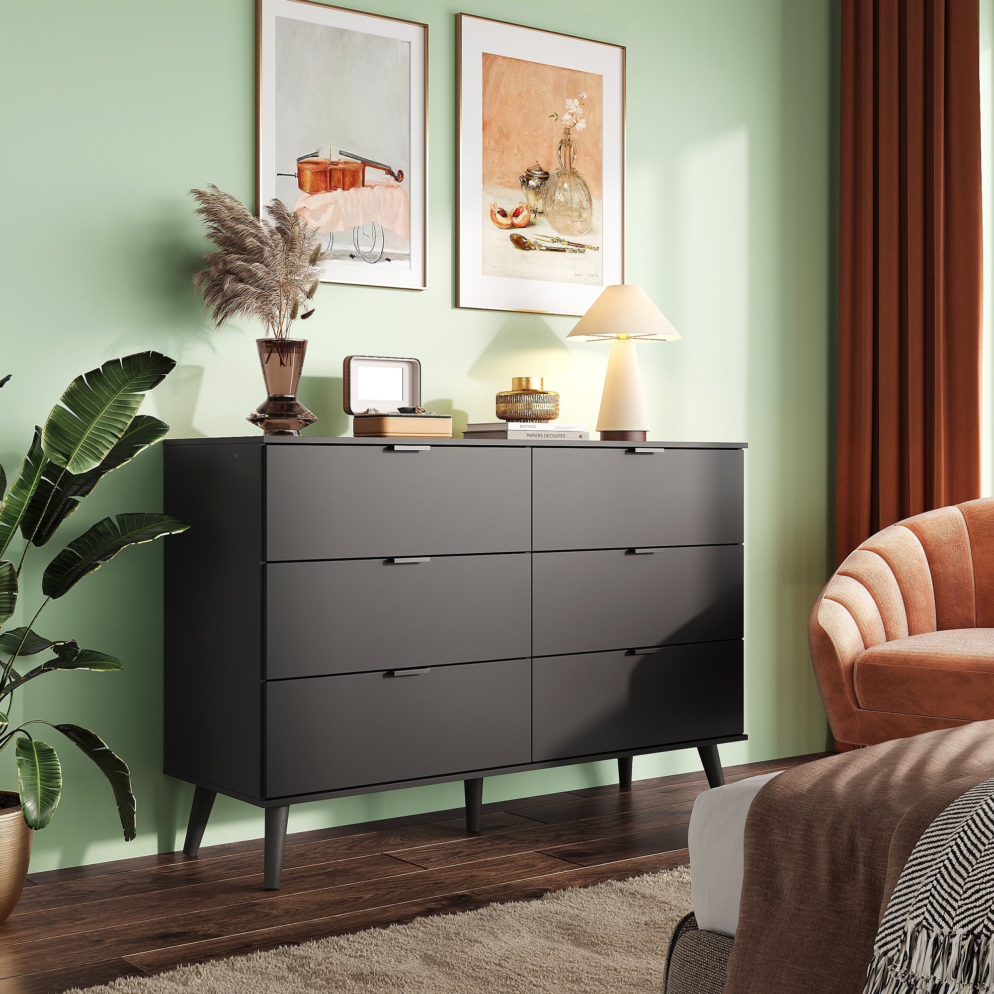 GALAXHERO 6 Drawer Wood Dresser, 47.2" Wide Chest of Drawer with Metal Handles, TV Stand for 55" TV, Double Dresser for Bedroom, Living Room, Hallway, Closet