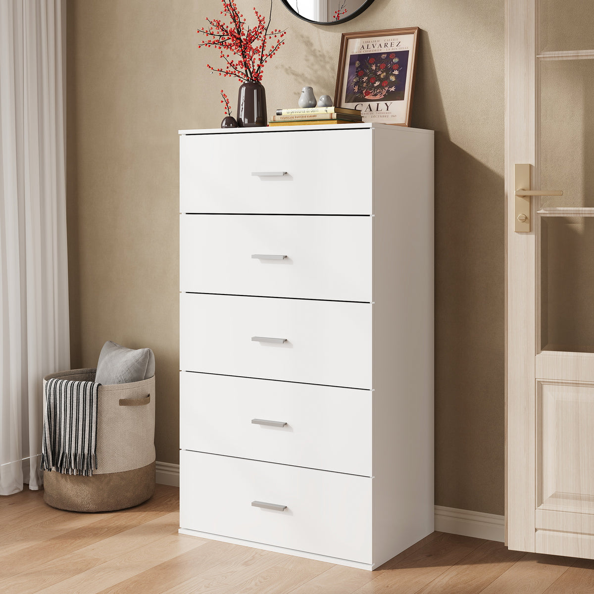 GALAXHERO 5 Drawers Dresser, Chest of Drawers for Bedroom, Tall Wood Storage Cabinet with Metal Handle for Living Room, Closet, Hallway