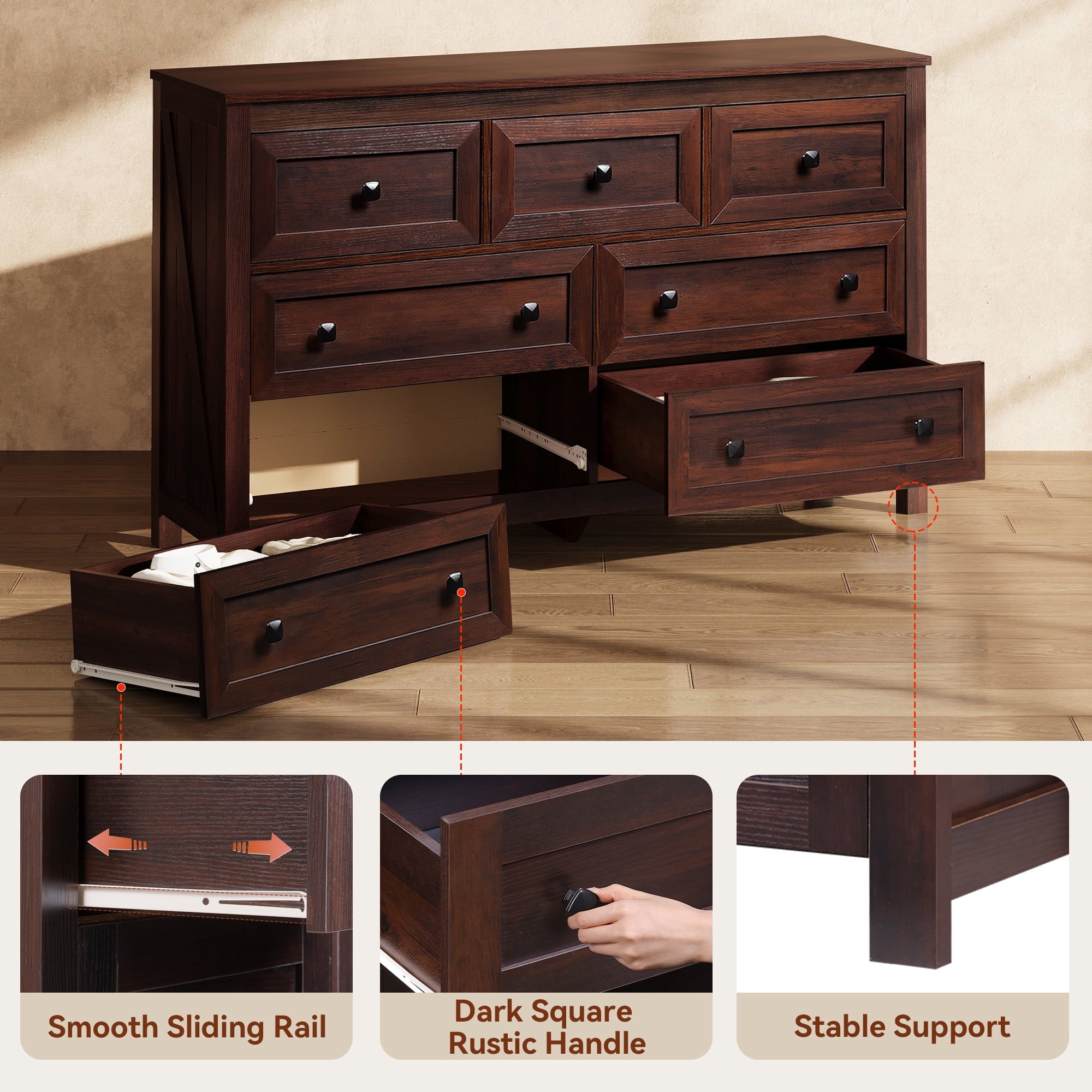 GALAXHERO Farmhouse Dresser for Bedroom, 51.18'' Wide 7 Drawer Wood Dresser, TV Stand for 65 inch TV, Wooden Chest of Drawers for Bedroom, Modern Clothes Organizer for Living Room, Hallway