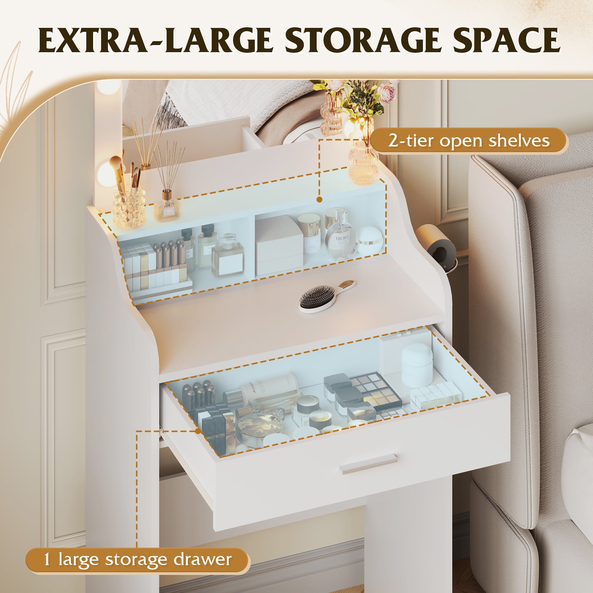 GALAXHERO Small Vanity Desk with Mirror, Makeup Tables with Drawer and Storage Shelves, Girls Dressing Table for Bedroom, White