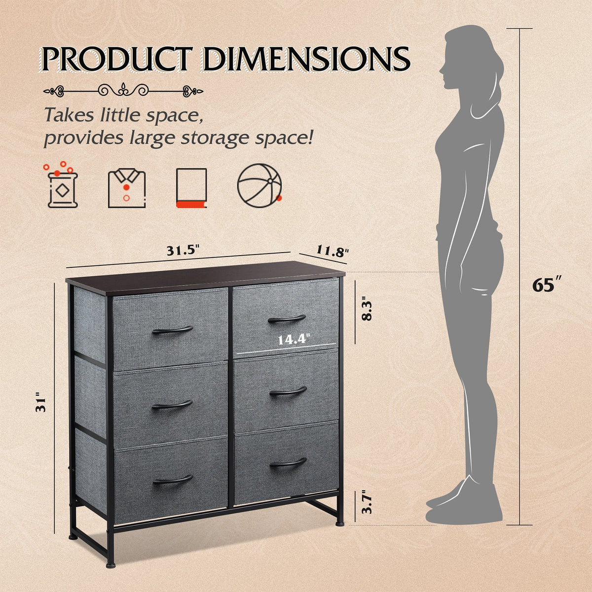 GALAXHERO 6 Drawer Dresser, Black Fabric Double Dresser, Storage Tower with Fabric Bins, Chest of Drawers for Bedroom, Closet, Living Room, Hallway