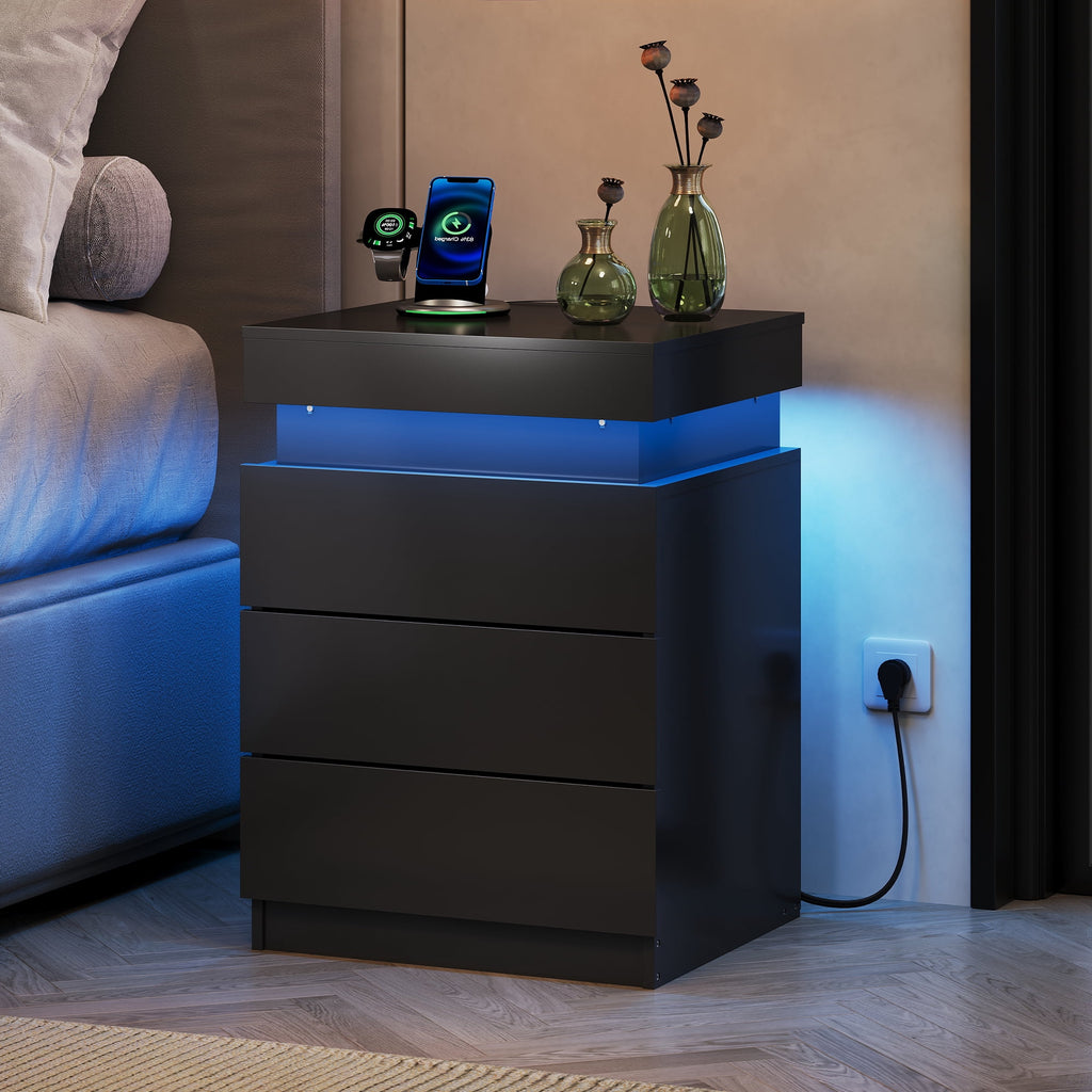 GALAXHERO Nightstand Set of 2 with Charging Station, LED Bedside Table with 3 Storage Drawers, Sliding Top, Hidden Space, Modern End Table for Bedroom, Living Room