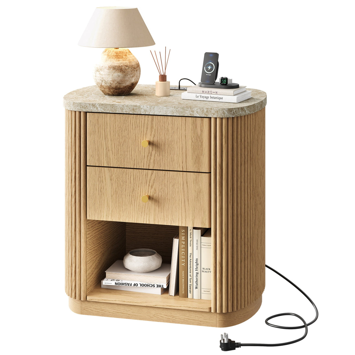 GALAXHERO Mid Century Modern Nightstand with Charging Station, 2-Drawer Fluted Wood Bedside Table with Open Shelf for Bedroom Living Room Dorm