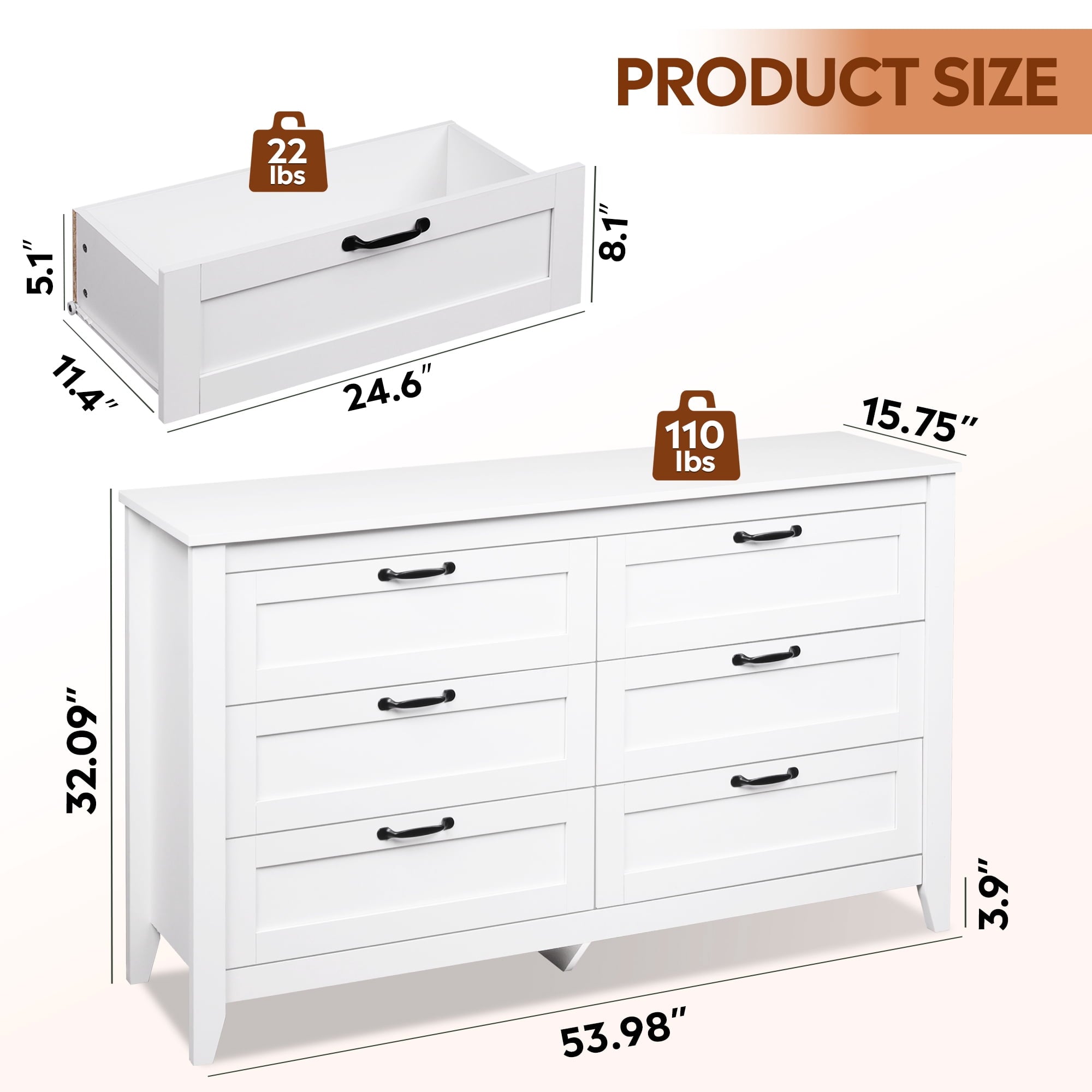 GALAXHERO 6-Drawer Double Wood Dresser - Farmhouse Chest of Drawers with Metal Handles for Bedroom, Living Room, Entryway