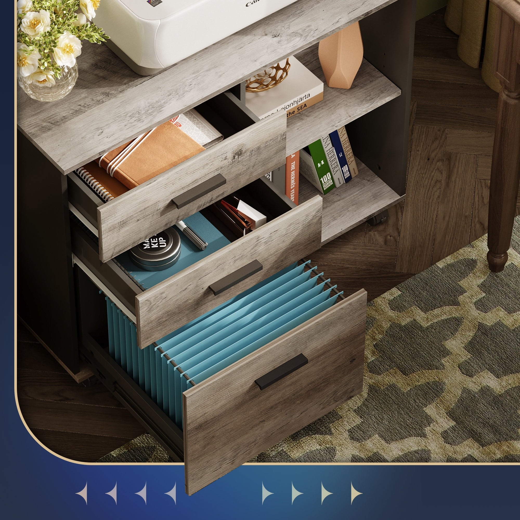 GALAXHERO 3-Drawer Filing Cabinet, Mobile Lateral File Cabinet, Printer Stand with Open Shelves, Wood Office Cabinet