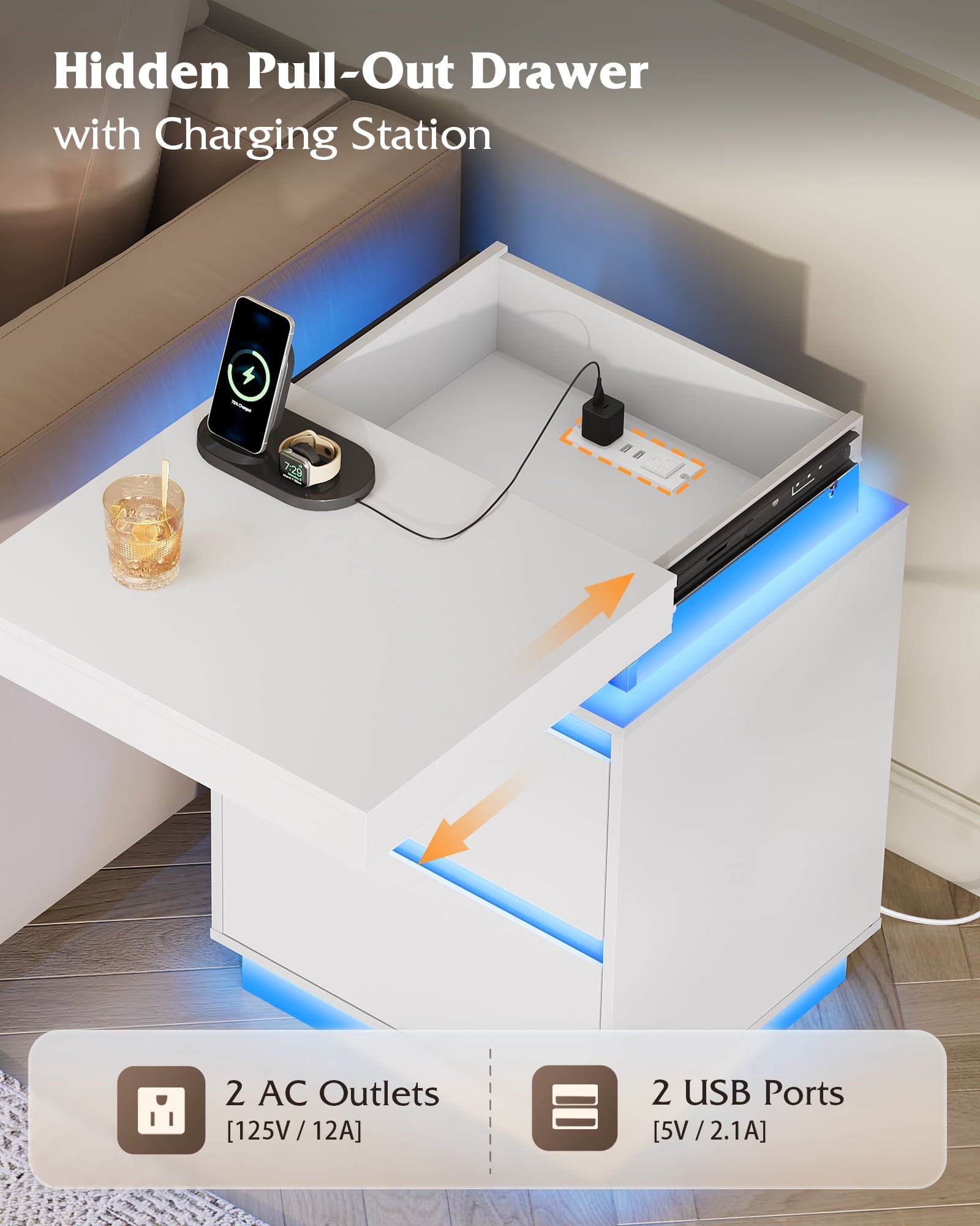 GALAXHERO  Nightstand with Charging Station and LED Lights, Modern 2 Drawers Bedside Table with Sliding Top, End Side Table for Bedroom, Living Room