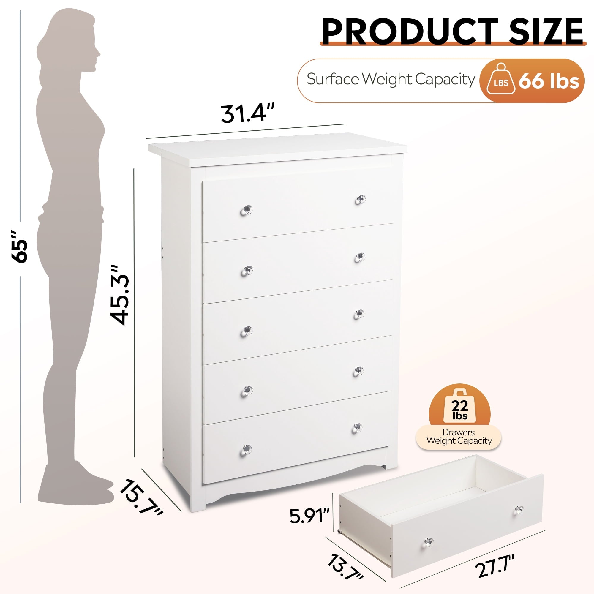GALAXHERO 5 Drawer Dresser for Bedroom, Retro Wood Chest of Drawers, Tall Dresser with Round Metal Handle for Living Room, Hallway, Closet