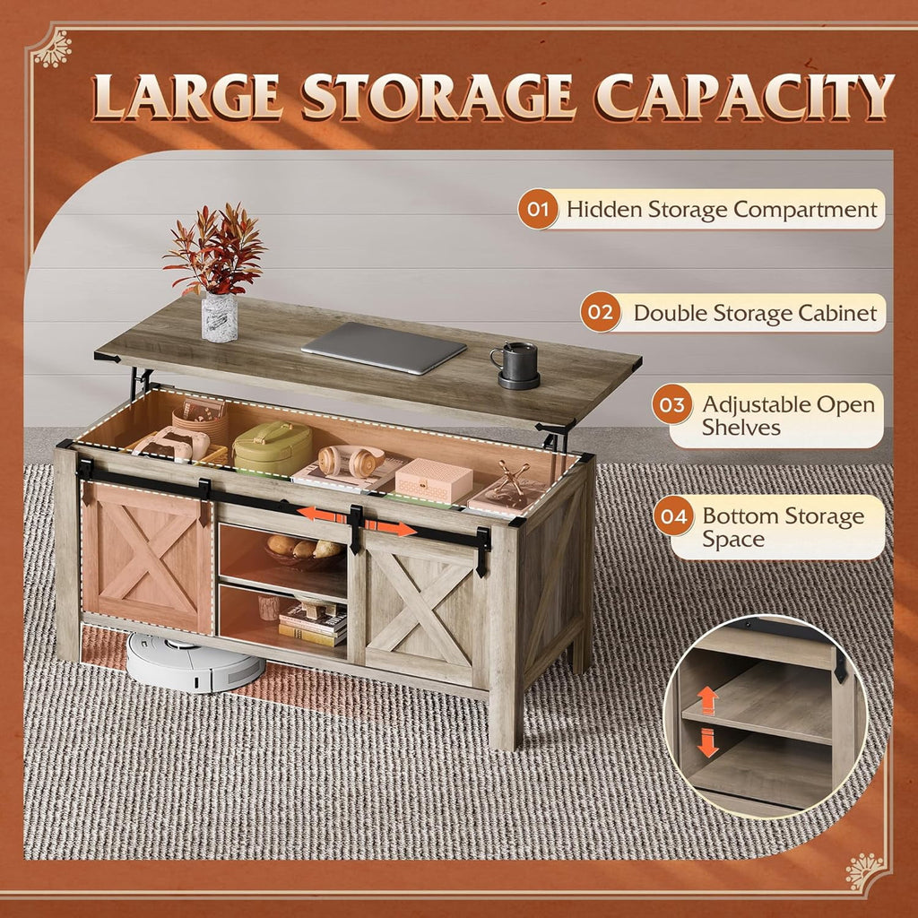 GALAXHERO 47.3" Farmhouse Lift Top Coffee Table with Sliding Barn Doors, Large Hidden Storage Compartment and Adjustable Shelf for Living Room, Office