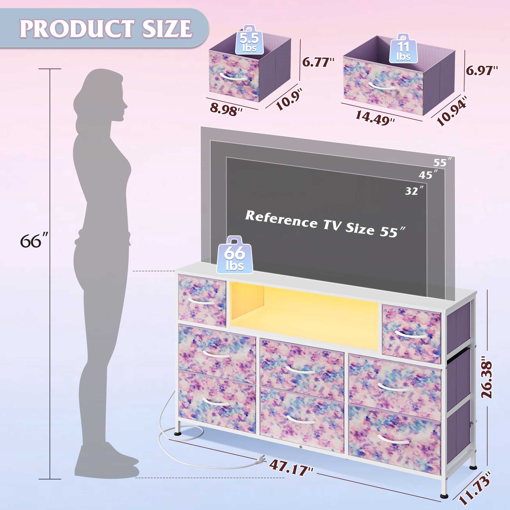 GALAXHERO 8-Drawer Dressers for Bedroom, Dresser TV Stand for 55'' TV with LED Lights and Power Outlets, Fabric Chest of Drawers for Living Room, Entryway