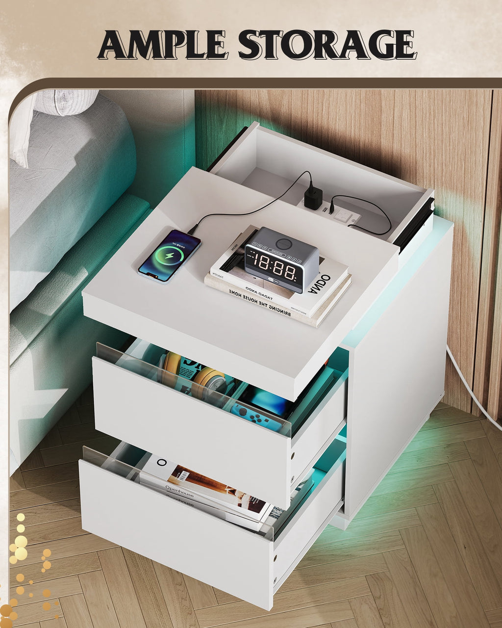 GALAXHERO Nightstand with Charging Station and LED Lights, Modern 2 Drawers Bedside Table with Sliding Top, End Side Table for Bedroom, Living Room