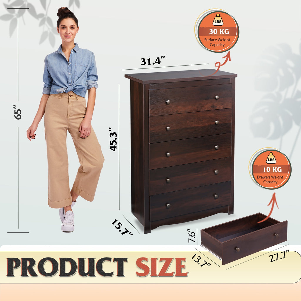 GALAXHERO 5 Drawer Dresser for Bedroom, Retro Wood Chest of Drawers, Tall Dresser with Round Metal Handle for Living Room, Hallway, Closet, Rustic Brown