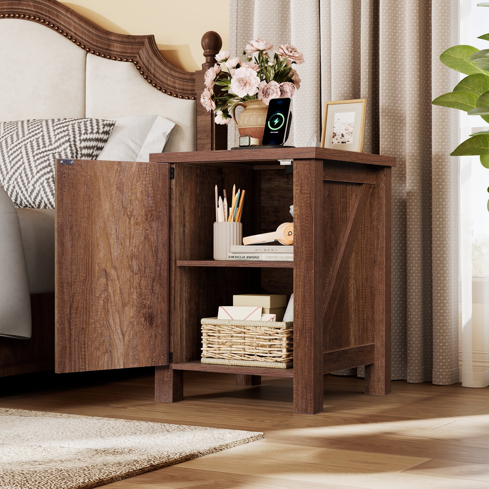 GALAXHERO Nightstand with Charging Station, Farmhouse Narrow Side Table with Barn Door, Wooden Bedside Table for Bedroom, End Tables for Living Room