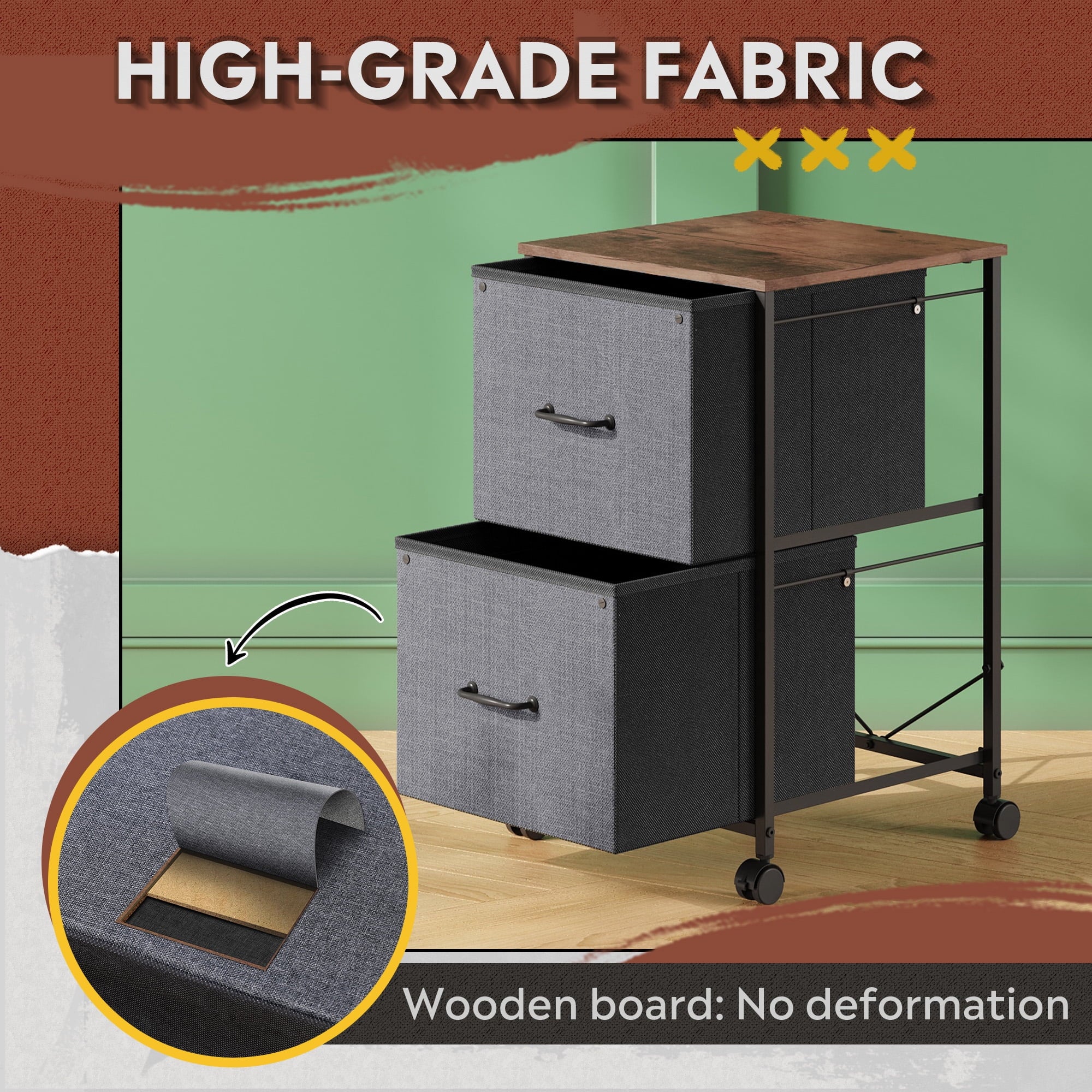 GALAXHERO 2 Drawer File Cabinet, Rolling Printer Stand Filing Cabinets for Home Office, Fabric Vertical File Cabinet Fits A4 or Letter Size, Wood Grain Print