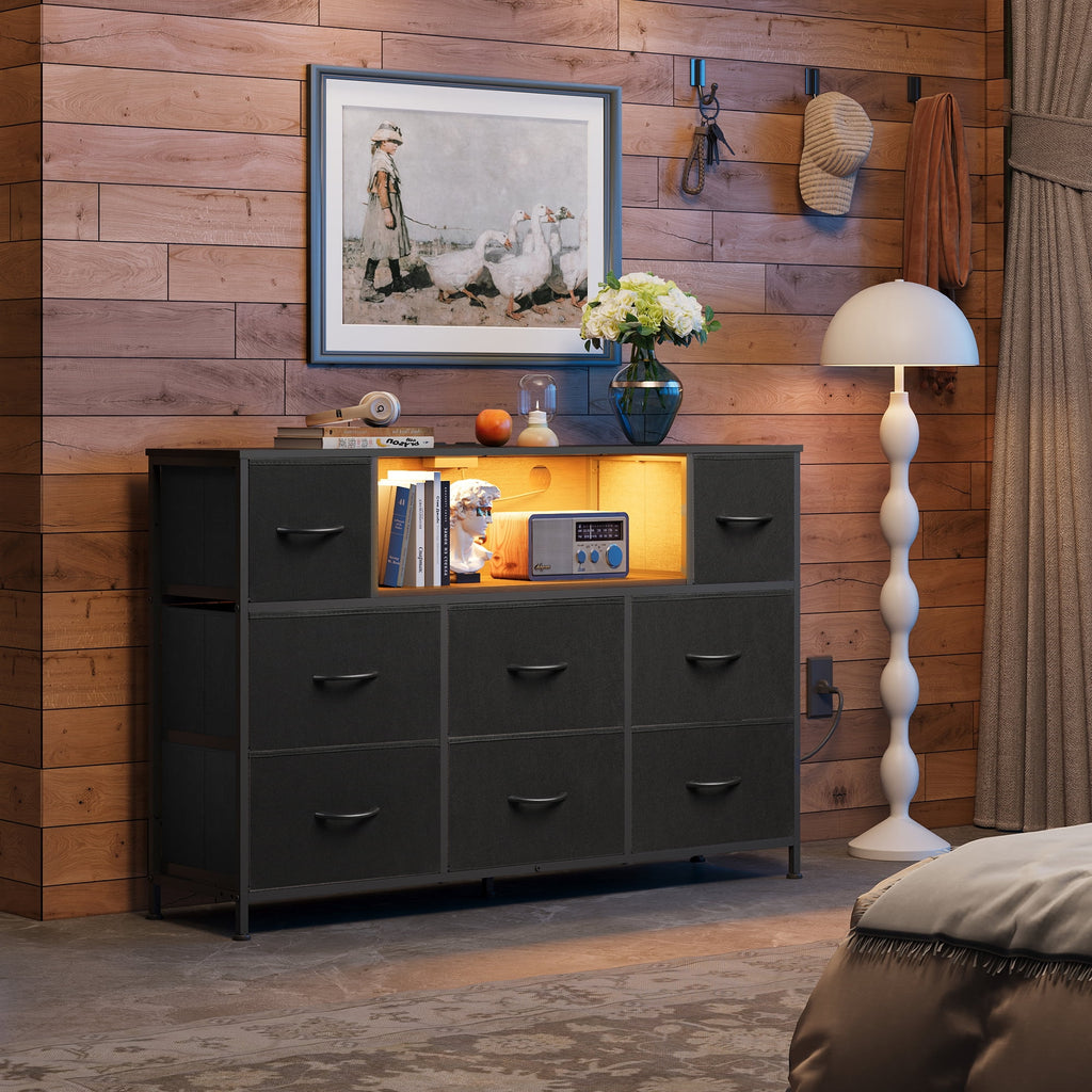 GALAXHERO 8-Drawer Dressers for Bedroom, Dresser TV Stand for 55'' TV with LED Lights and Power Outlets, Fabric Chest of Drawers for Living Room, Entryway
