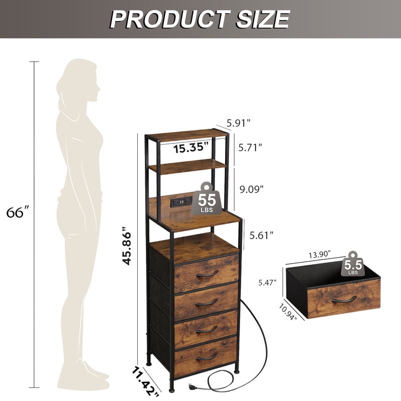 GALAXHERO Dresser for Bedroom, 4 Drawer Nightstand with Charging Station,Tall Bedside Table with LED & Open Shelf,End Table with Storage,