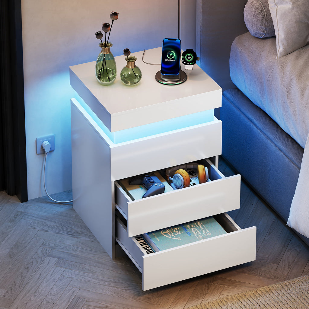 GALAXHERO Nightstand Set of 2 with Charging Station, LED Bedside Table with 3 Storage Drawers, Sliding Top, Hidden Space, Modern End Table for Bedroom, Living Room