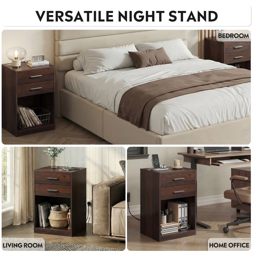 GALAXHERO Nightstand Set of 2 with Charging Station and 2 Drawers, Wood Bedside Table End Table with Open Shelf for Bedroom, Living Room