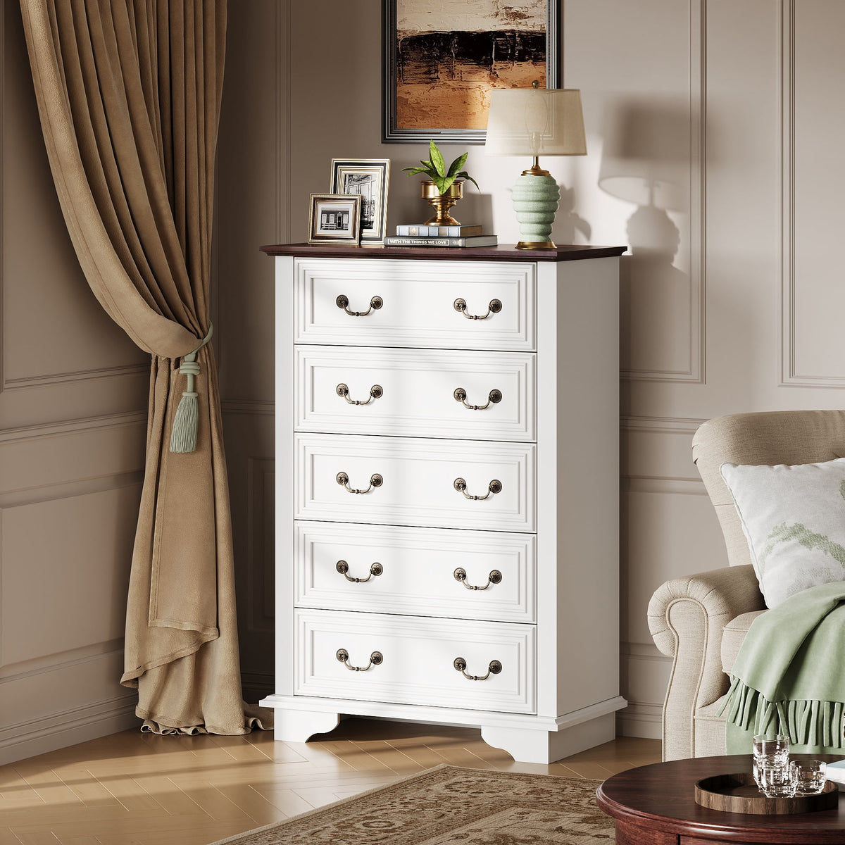 GALAXHERO Farmhouse 5 Drawers Dresser for Bedroom, Tall Wood Dresser with Roman Metal Handle, Chest of Drawers for Living Room, Hallway, Closet