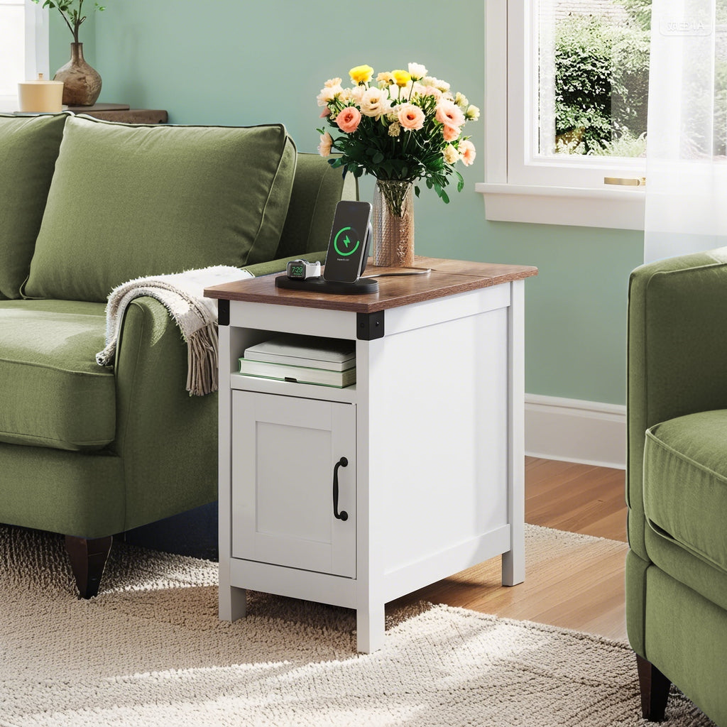 GALAXHERO Side Table with Charging Station Narrow End Table with Storage Night Stand with USB Ports and Outlets Small Wooden Cabinet for Living Room and Bedroom