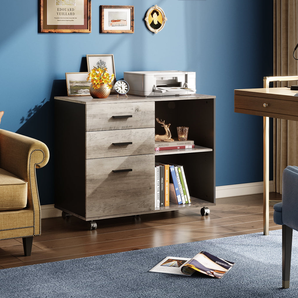 GALAXHERO 3-Drawer Filing Cabinet, Mobile Lateral File Cabinet, Printer Stand with Open Shelves, Wood Office Cabinet