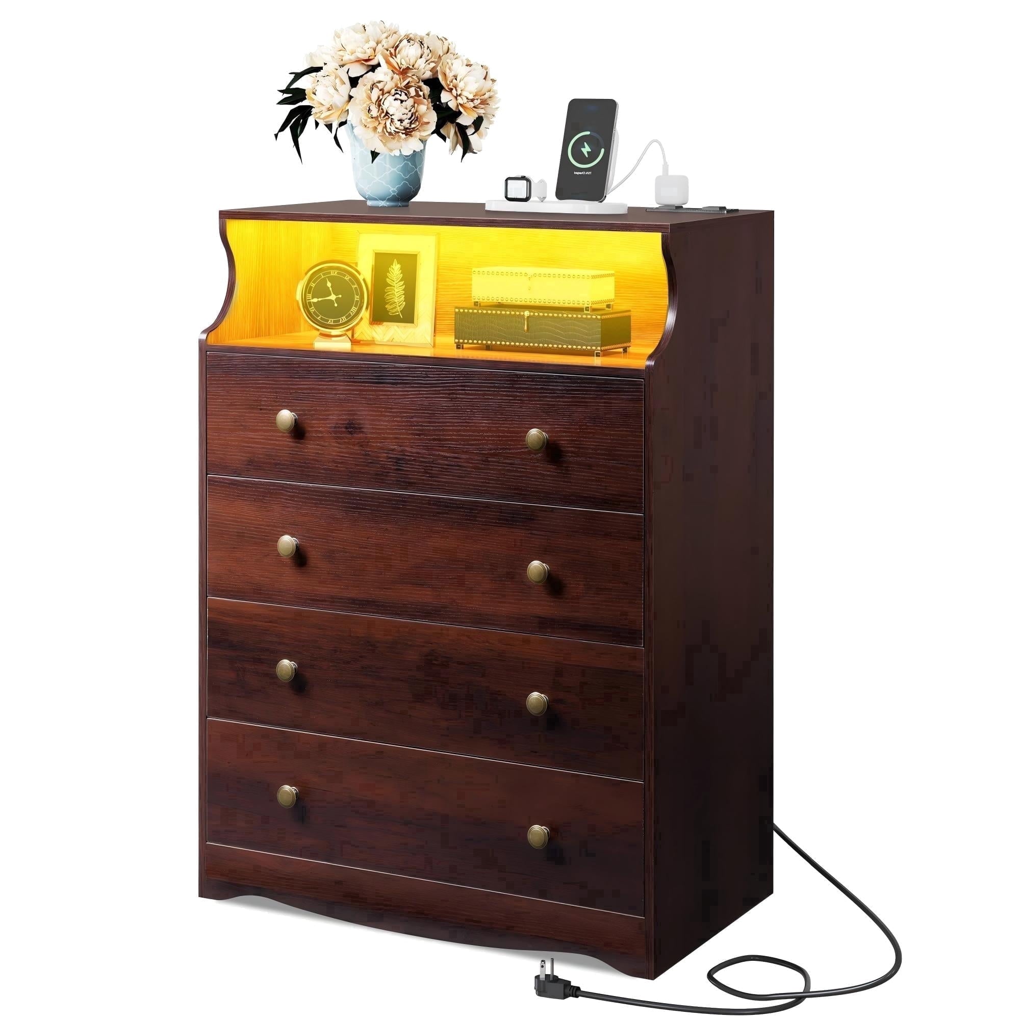 GALAXHERO 4 Drawers Dresser with LED Lights, Tall Dressers with Charging Station, Wood Chest of Drawers for Bedroom, Living Room, Closet, Hallway