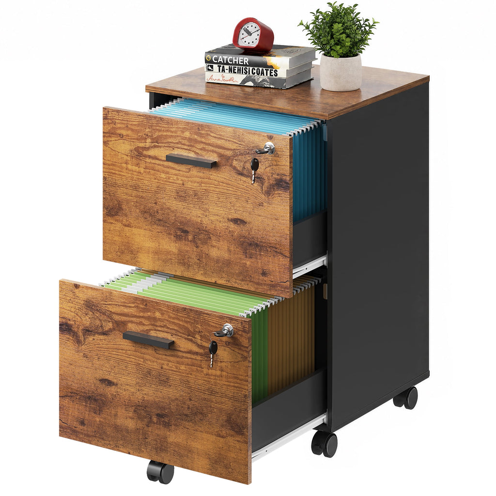 GALAXHERO 2 Drawer Filing Cabinet with Lock, Wooden Printer Stand with Storage for Home Office, Mobile Locking File Cabinet Fits Letter/A4 Hanging Files